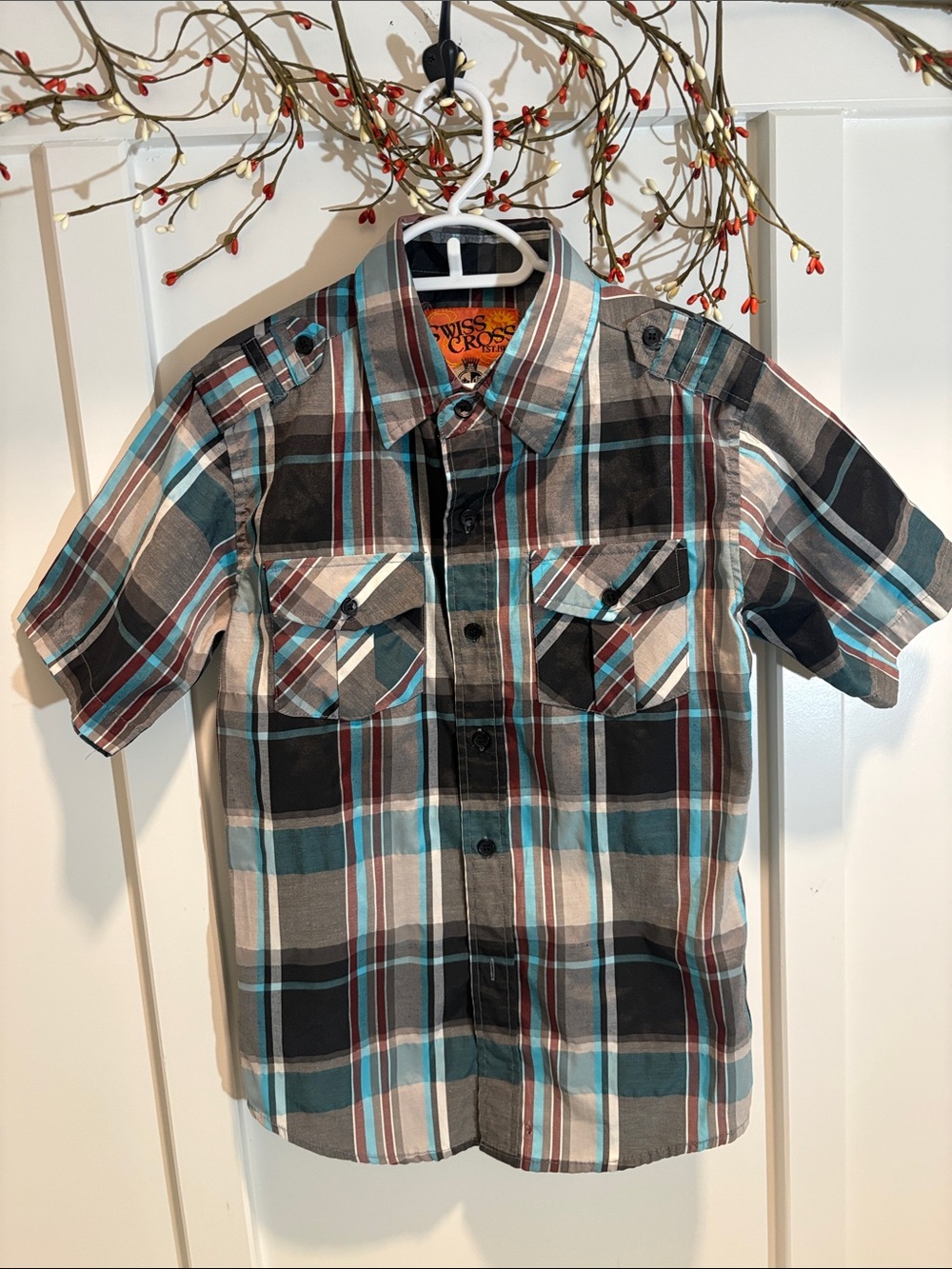 Swiss Cross Boys' Short Sleeve Plaid Button-Down Shirt - Blue/Grey